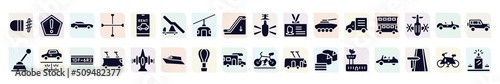 airport filled icons set. glyph icons such as fog lamp, sportive car, aircraft stairs, identity card, double decker bus, undercarriage, tramway, hot air, air traffic controller icon.
