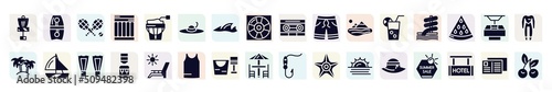 summer filled icons set. glyph icons such as disc golf, rackets, summer hat, swimming trunks, aqua park, yatch boat, dispenser, sand bucket and shovel, pamela hat icon.