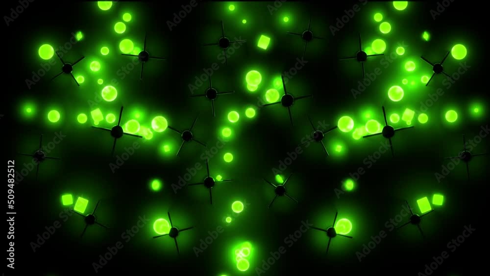 Colorful falling green neon glowing balls and cubes, bouncing jumping from obstacles on background. Interactive particles motion Animated gravity effect. Abstract fun concept 3d render