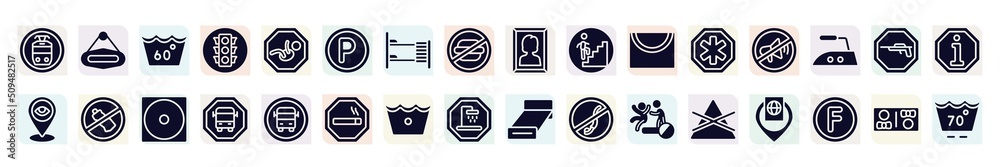 laundry instructions filled icons set. glyph icons such as tram stop, 60 degree laundry, p inside a circle, walking up stair, no shouting allowed, no littering, scholar bus stop, cold wash, do not