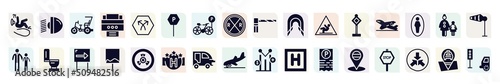 signals set filled icons set. glyph icons such as slip, cycle rickshaw, parking, tunnel, take off, toilet side view, uneven, autorickshaw, placeholder point icon.