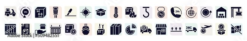 shipping and handly filled icons set. glyph icons such as delivery courier, cardboard box with fragile items, centre of gravity, use hooks, distribution, dispatch note, organizing grid, construction