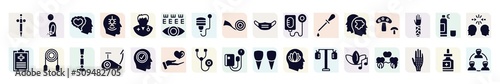 psychology filled icons set. glyph icons such as anesthesia, feelings, eye test, intravenous saline drip, fungi, jumping rope, stationary bike, phonendoscope, music therapy icon.