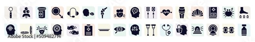 medical services filled icons set. glyph icons such as mouth mirror, antidepressants, cough, electrotherapy, mollusc, lozenge, negativity, surgical tray, secret icon.