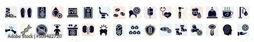 hospital filled icons set. glyph icons such as cast, handbook, medical prescription, drop counter, sleep deprivation, adn, dizzy, toothache, baby socks icon.