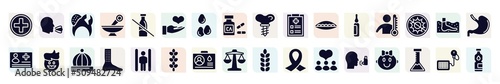 health filled icons set. glyph icons such as red cross, decayed, donator, examination, fever, dad, urticaria, blood donor card, asthma icon.