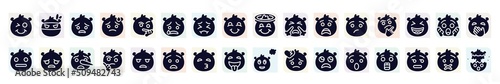 emoji filled icons set. glyph icons such as smile emoji, pouting emoji, cry with steam from e, curious sad wondering kissing with closed eyes hushed icon.