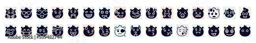 emoji filled icons set. glyph icons such as hugging emoji, in love emoji, laughing smiling with horns desperate sick with head-bandage shy sleep icon.