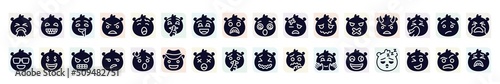 emoji filled icons set. glyph icons such as disgusted emoji, drool emoji, quiet injured angry with horns rich disappointed frowning with open mouth weird icon.
