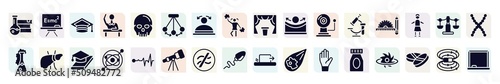 college filled icons set. glyph icons such as science book, graduation hat, pendulum, concave, drawing tools, liver, gyroscope, is approximately equal to, medication icon.