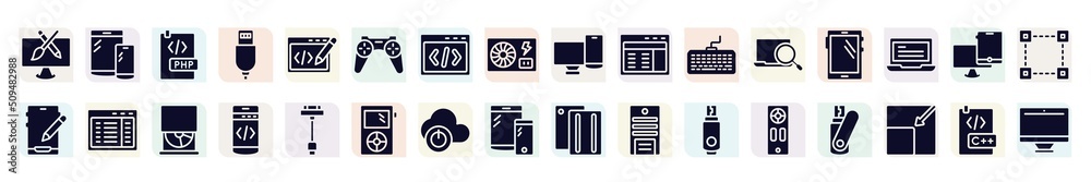 computer devices filled icons set. glyph icons such as pencil and brush crossed, php document, wireles gamepad, web interface, big tablet, program interface, mobile programming, descendant, remote,