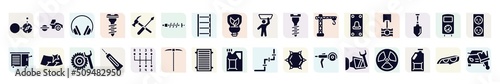 car repair filled icons set. glyph icons such as open compass, ear protection, suspension, garage screw, piston, windshield, caulk, air filter, side mirror icon.