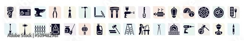electrician tools filled icons set. glyph icons such as multimeter, bidet, hammering, car key, oil gauge, sledgehammer, electrical panel, detergent, kiln icon.