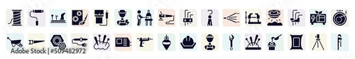 construction filled icons set. glyph icons such as copper wire, wood plane, electrician, tassel, panning, hacksaw, soldering iron, glue gun, needle holder icon.