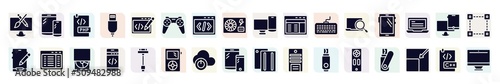 computer devices filled icons set. glyph icons such as pencil and brush crossed, php document, wireles gamepad, web interface, big tablet, program interface, mobile programming, descendant, remote,