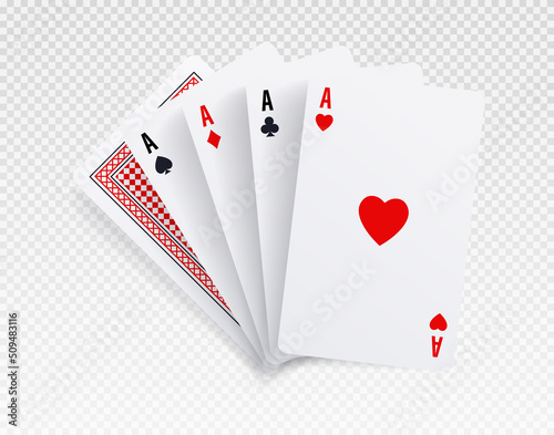Playing cards set. Collection of aces of all suits, inverted hand. Deck with bright shirt. Poker and blackjack, card games and gambling. Fortune and luck. Realistic isometric vector illustration