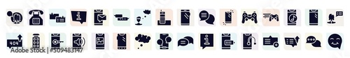 talking filled icons set. glyph icons such as female user talking, chat bubbles with lines, small speech bubble, round speech bubbles, video game console ps4, phonebooth, telephone volume, thinking