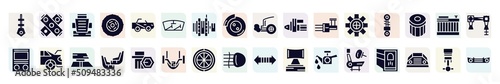 car parts filled icons set. glyph icons such as car dipstick, car bucket seat, windscreen, starter, suspension, boot, mud flap, spare wheel, air bag icon.