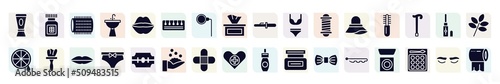 beauty filled icons set. glyph icons such as hair conditioner, hair roller, toe separator, underwear, combs, tint, underclothing, band aid, hair pins icon.