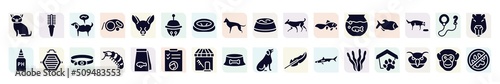 pet shop filled icons set. glyph icons such as cat toy, pet disease, sleighbell, dog running, big piranha, cat box, big shrimp, pet grooming, aae icon.