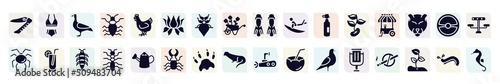 diving filled icons set. glyph icons such as swiss army knife, goose, lotus flower, surf, ice cream cart, lemonade, tree lobster, paw print, trash can icon.
