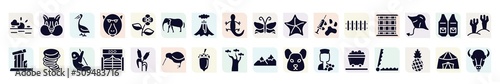 animal head filled icons set. glyph icons such as sun, pelican, elephants, starfish, cage, tornado, zoo, acorn, wagon icon.
