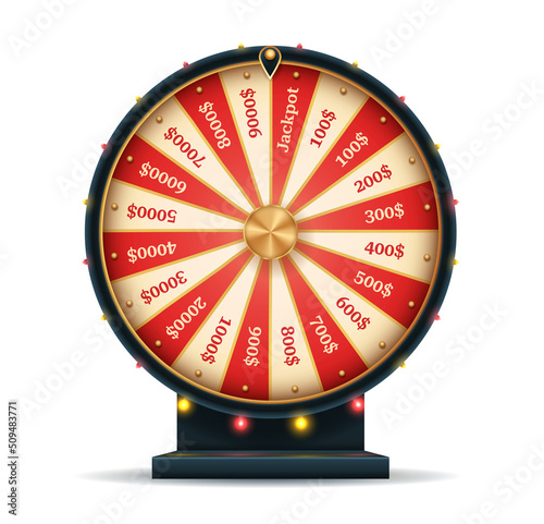 Fortune wheel spin. Red and gold circle with division into slots with prize for drawing and gambling. Casino and entertainment equipment, graphic element for website. Carton flat vector illustration