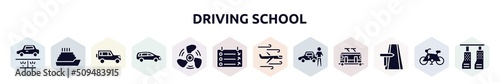 driving school filled icons set. glyph icons such as undercarriage, ferry, 4x4, station wagon, ship propeller, departure, turbulence, authorized dealer, road trip icon.