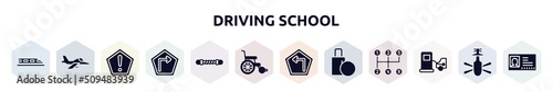 driving school filled icons set. glyph icons such as hyperloop, army airplane, precaution, right, damper, wheel chair, left turn, final call, refilling icon.