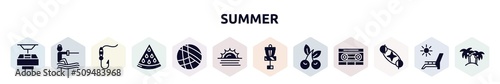 summer filled icons set. glyph icons such as funicular, waterski, fish and hook, slice of melon, beach volleyball, sun at sea, disc golf, cherries, solstice icon.