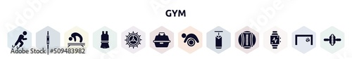 gym filled icons set. glyph icons such as paralympics, fitness watch, gymnastics, sport wear, crank, tackle box, pilates, boxing bag, pulsometer icon.