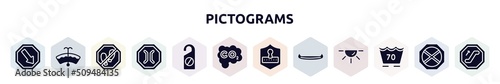 pictograms filled icons set. glyph icons such as keep right, windshield washer, no step, narrow bridge, do not disturbe, carbon monoxide, safety code, native american canoe, 70 degree laundry,