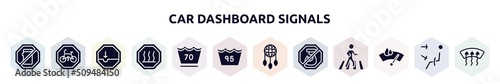 car dashboard signals filled icons set. glyph icons such as no mobile phone, cycle lane, pothole, heat, 70 degrees, 95 degrees maximun agitation, dream catcher, no hoist, winshield wiper