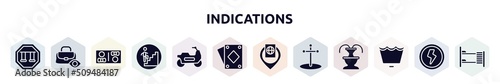 indications filled icons set. glyph icons such as swings, watch your belongings, restroom, walking up stair, motorbike riding, , inmigration check point, cross stuck in ground, wash cycle permanent photo