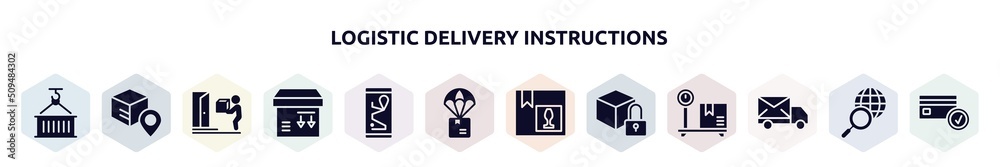 logistic delivery instructions filled icons set. glyph icons such as use hook, track package, on door delivery, side down, smartphone online track, parachute box, fragile pack, locked pack, mail