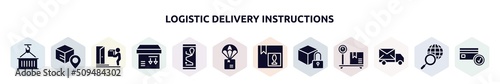 logistic delivery instructions filled icons set. glyph icons such as use hook, track package, on door delivery, side down, smartphone online track, parachute box, fragile pack, locked pack, mail
