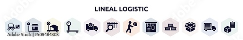lineal logistic filled icons set. glyph icons such as trolley truck, weighting, box weight, delivery scale, delivery check, barcode scan, delivering box, tagged package, open pack icon.