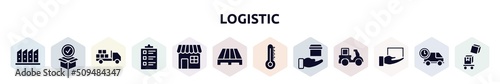 logistic filled icons set. glyph icons such as manufacturing plant, package for delivery, loaded truck, packing list, retail store, pallets, temperature limitation, delivery in hand, lightweight,