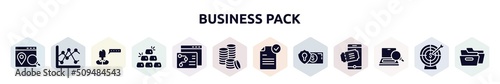 business pack filled icons set. glyph icons such as place optimizer, two lines chart, user review, six gold bars, seo strategy, three dollar coins stacks, file submit, currency security, optimizer,