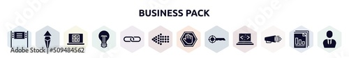 business pack filled icons set. glyph icons such as road banner, arrows up, online voting, lightbulb with bolt, link, left dots arrow, ad blocker, keywords, product promotion icon.