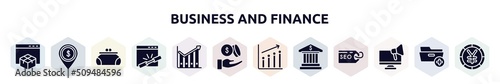 business and finance filled icons set. glyph icons such as web package, dollar spot, women puser, add link, profit chart, dollar coins and hand, seo performance, bank building, responsive marketing, photo