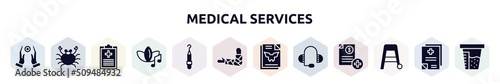 medical services filled icons set. glyph icons such as reiki, seafood, medical result, music therapy, periodontal scaler, broken hand, inkblot test, medical support, walker icon.