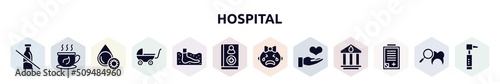 hospital filled icons set. glyph icons such as lactose intolerant, herbal tea, platelet, buggy, thalassotherapy, handbook, crying, donator, admision form icon.