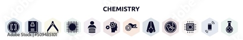 chemistry filled icons set. glyph icons such as brackets, biography, divider, wire gauze, fee, mechanics, chariot, body part, microprocessor icon.