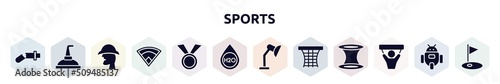 sports filled icons set. glyph icons such as damaged, still, sherlock holmes, baseball field, medals, h2o, adjustable lamp, basketball gear, fans icon.