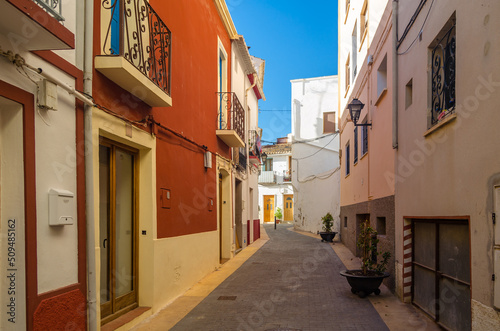 Colorful buildings and narrow streets in the historic center of the Mediterranean town of Calpe  Spain