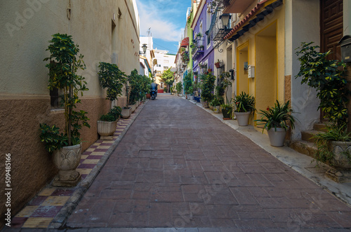 Colorful buildings and narrow streets in the historic center of the Mediterranean town of Calpe  Spain