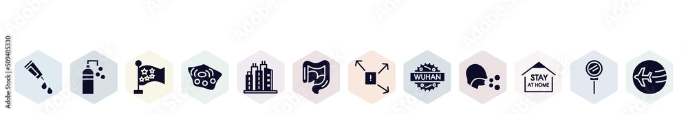 filled icons set. glyph icons such as gel, disinfectant, china, cell, city, intestine, spread, wuhan, stay home icon. filled icons set. glyph icons such as gel, disinfectant, china, cell, city, intestine, spread, wuhan, stay home icon.