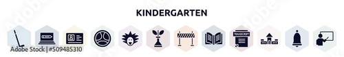kindergarten filled icons set. glyph icons such as hockey stick, online education, driving license, driving, einstein, biological, traffic barrier, yearbook, fort icon.