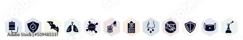 filled icons set. glyph icons such as blood bag, protection, bat, pneumonia, coronavirus, biology, medical report, runny e, shield icon.